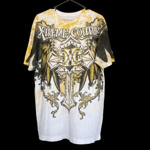 Xtreme Couture By Affliction‎ Men Shirt Extra Large XL Cross Wings Y2K Yellow